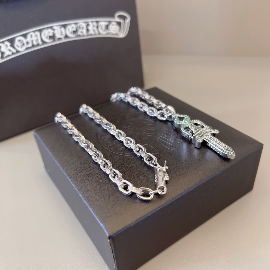 Chrome Hearts Silver Chain with Green Sword Pendant